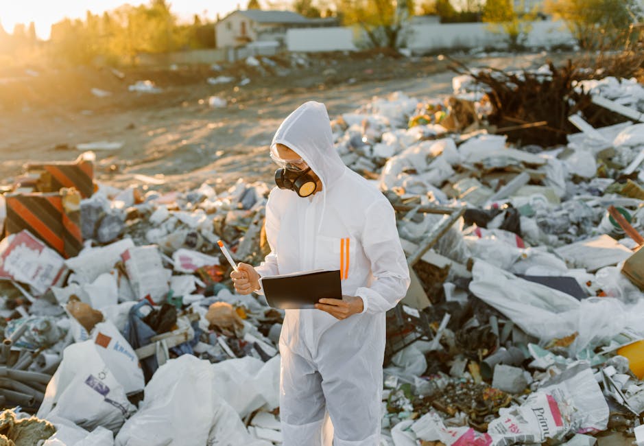 A person dressed in a white protective suit with orange accents, wearing a full-face mask and goggles, is standing amidst a large, open area of scattered waste and debris, including white plastic bags, cardboard boxes, and miscellaneous discarded materials. The individual is holding a black clipboard and a pen, appearing to assess or document the rubbish. The environment appears to be an outdoor landfill or dump site with an uneven surface covered in mixed refuse, illuminated by natural sunlight, possibly during late afternoon or early evening. The background shows a distant fence and trees, indicating a rural or semi-urban setting. The scene reflects the context of waste management, possibly related to independent rubbish collection or on-site clearance activities, with the emphasis on waste assessment and environmental disposal challenges managed by services like Waste Clearance Kensington.