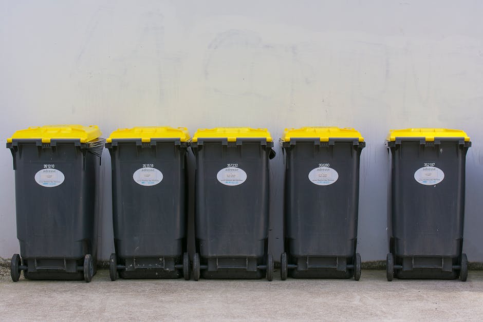 Five large wheelie bins positioned in a straight line along a paved surface against a plain, light-colored wall. Each bin is made of dark grey plastic with textured surfaces, and they have bright yellow lids with ridged edges. The bins are equipped with small black wheels at the back, enabling movement, and are evenly spaced with some slight variations in alignment. White oval labels are affixed to the front of each bin, bearing identification numbers and partial text. The scene is lit with natural or diffuse lighting, creating minimal shadows and a neutral environment. These bins are typically used for waste collection in a residential or commercial setting and are associated with private waste disposal services, such as those offered by Waste Clearance Kensington, which may provide alternative on-site or same-day rubbish collection options in place of municipal services.