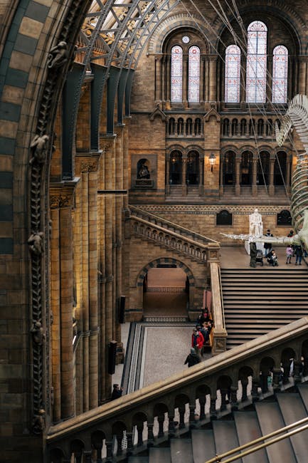 Interior view of a grand, historic building featuring high vaulted ceilings with intricate ironwork arches, large stained glass windows allowing natural light to fill the space, and ornate stone walls with detailed architectural features. A wide staircase with a decorative balustrade leads down to a lower level with patterned tiled floors. Several visitors are seen walking or standing on the staircase and around the open central area, with some approaching sculptures and historical statues displayed on pedestals. The overall atmosphere suggests a historic or cultural site, such as a museum or a cathedral, with classical architectural elements and a spacious, well-lit environment that emphasizes the building's grandeur and detailed craftsmanship, supporting the context of suitable spaces for private or independent visits that might require clear access routes for rubbish removal or maintenance activities. Waste Clearance Kensington could provide services for cleaning or clearance in similar historic interiors that demand careful handling of debris or waste within such ornate settings.